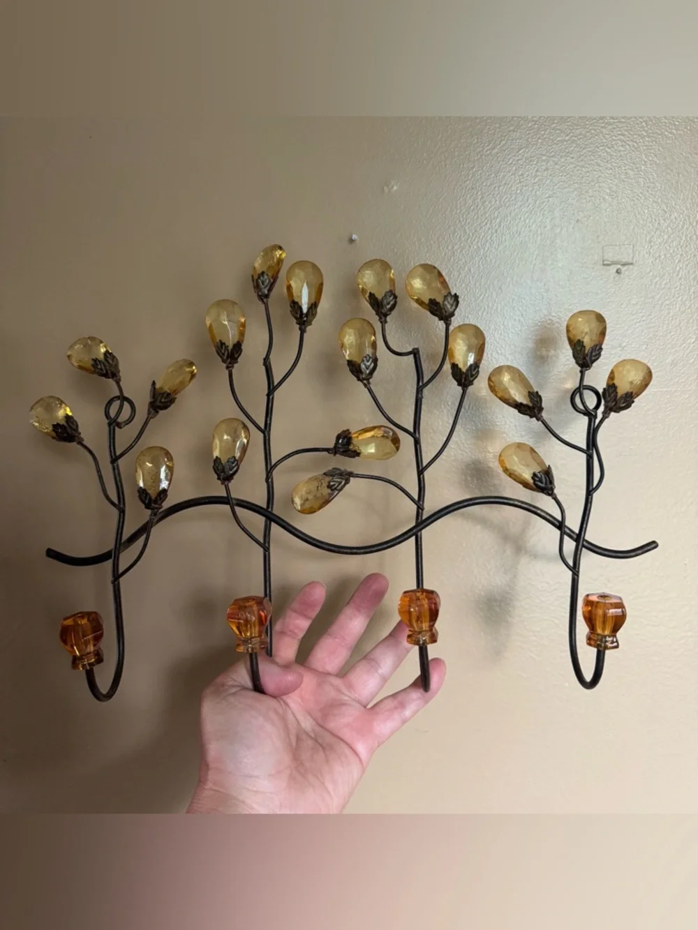 Metal Wall Plaque Coat Hat Towel Hook With Amber Acrylic Crystal Knobs 4 Hook